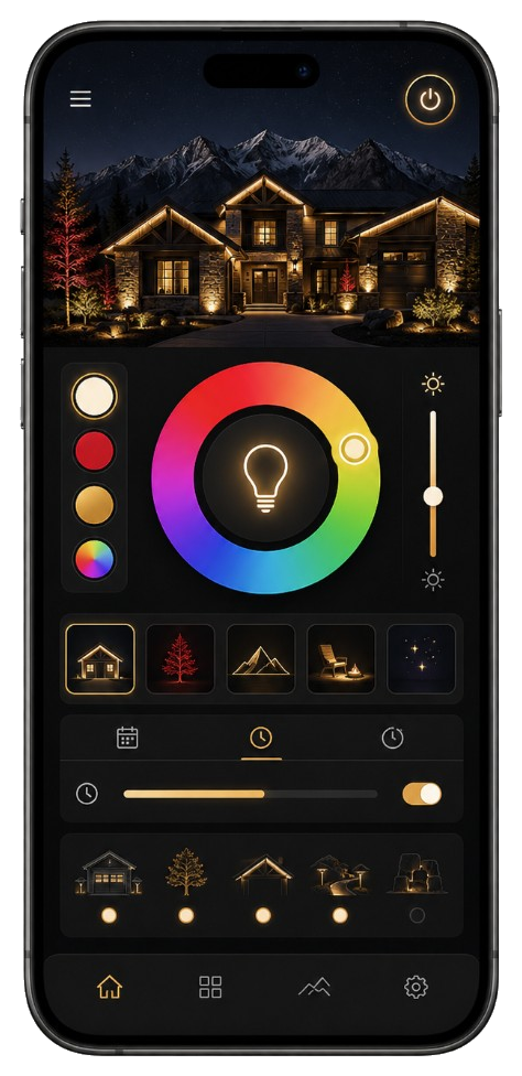 Mobile app mockup for controlling permanent outdoor lights