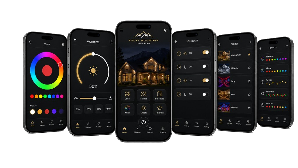 App screens showing colours, schedules, scenes, and zones