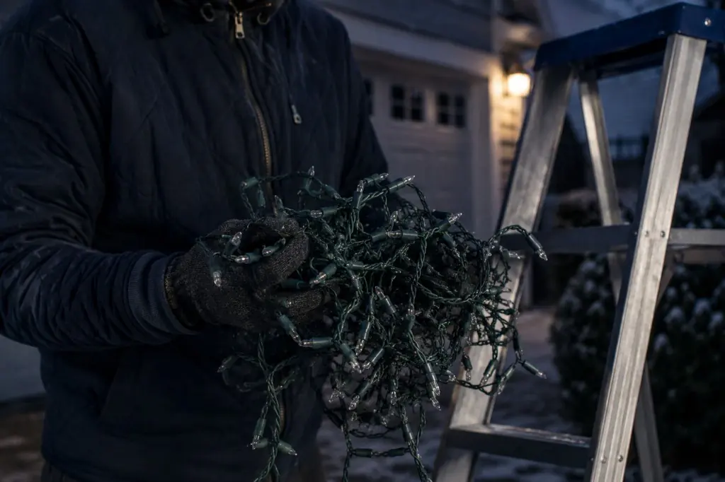 Tangled temporary holiday lights that a permanent system replaces