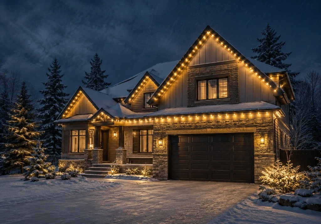 Permanent lights glowing on a snow-covered Alberta home