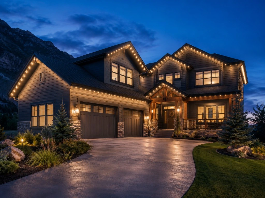 Warm white permanent lighting tracing the roofline of an Edmonton-area home at night