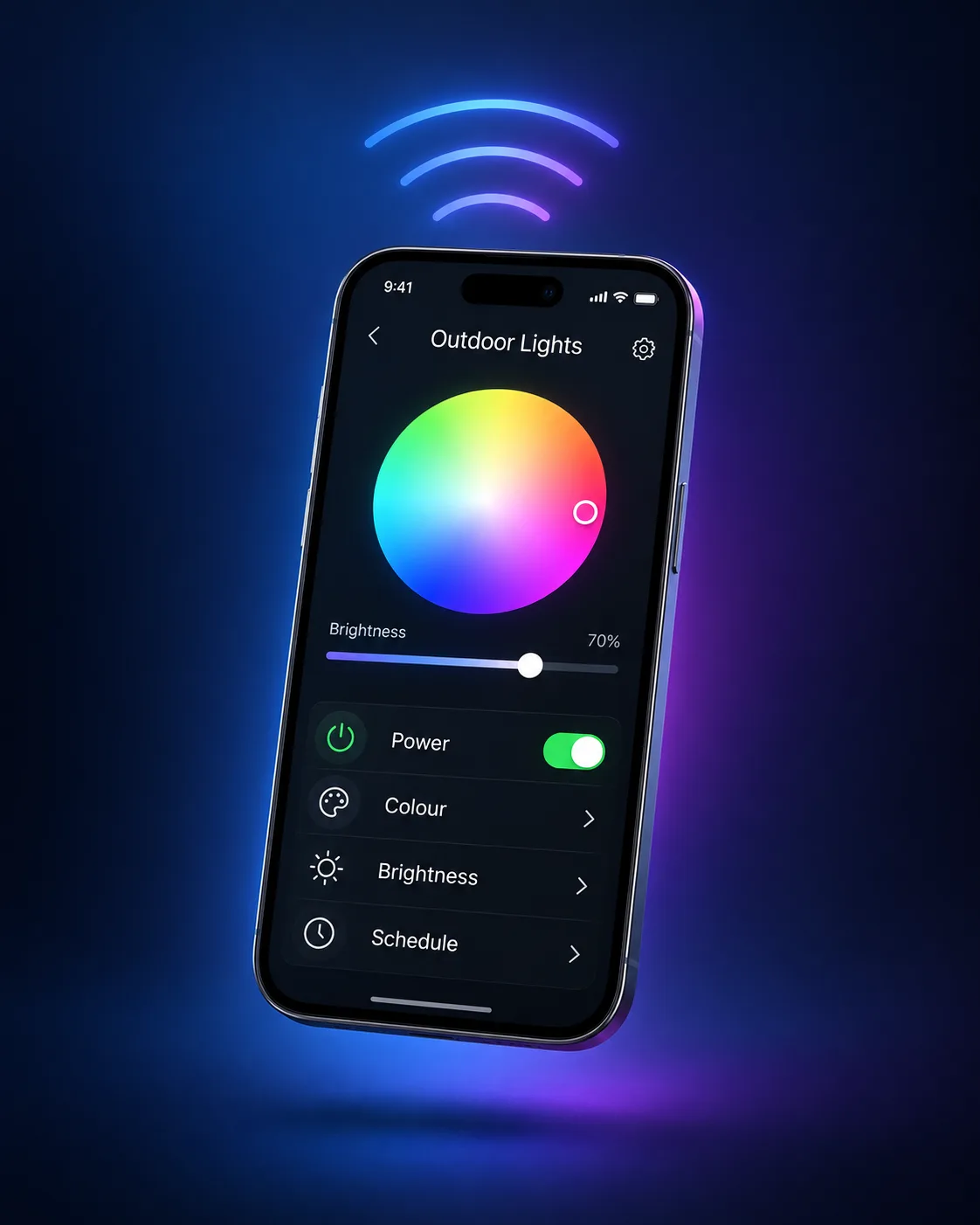 Homeowner controlling permanent outdoor lighting from a mobile app