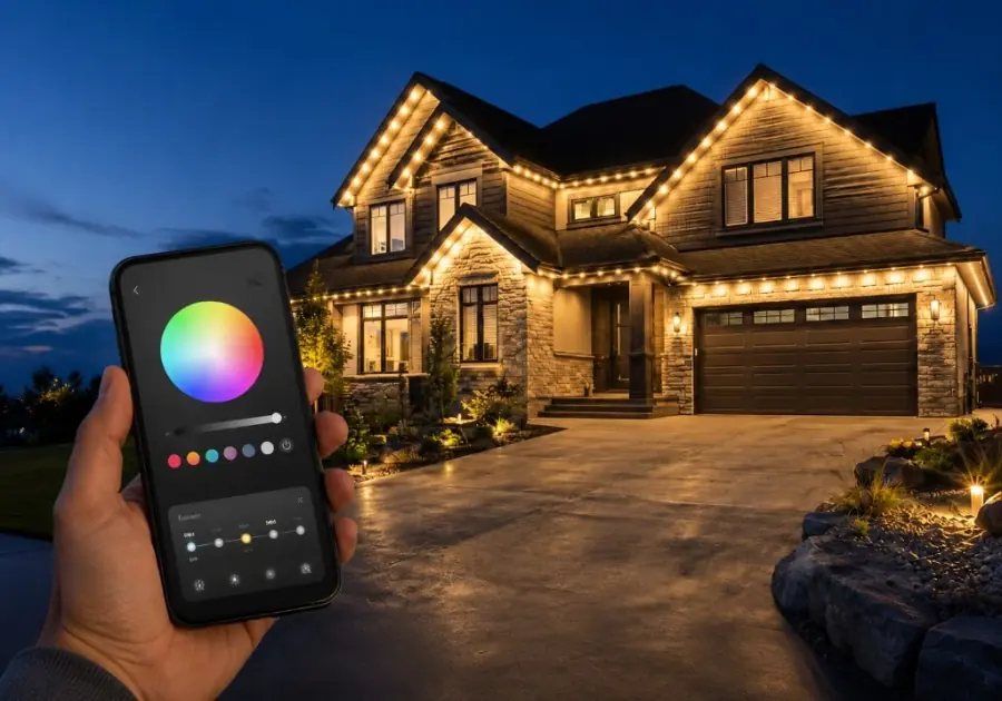 Homeowner controlling permanent outdoor lighting from a mobile app