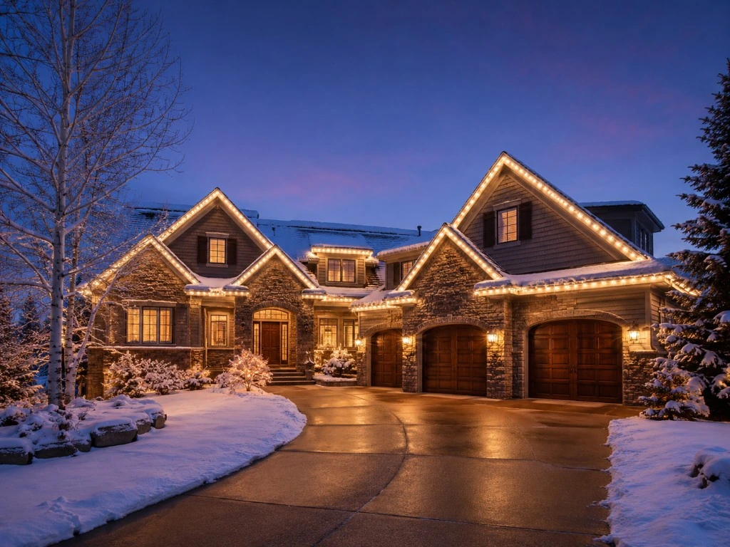 The same home with orange and purple permanent lighting for Halloween