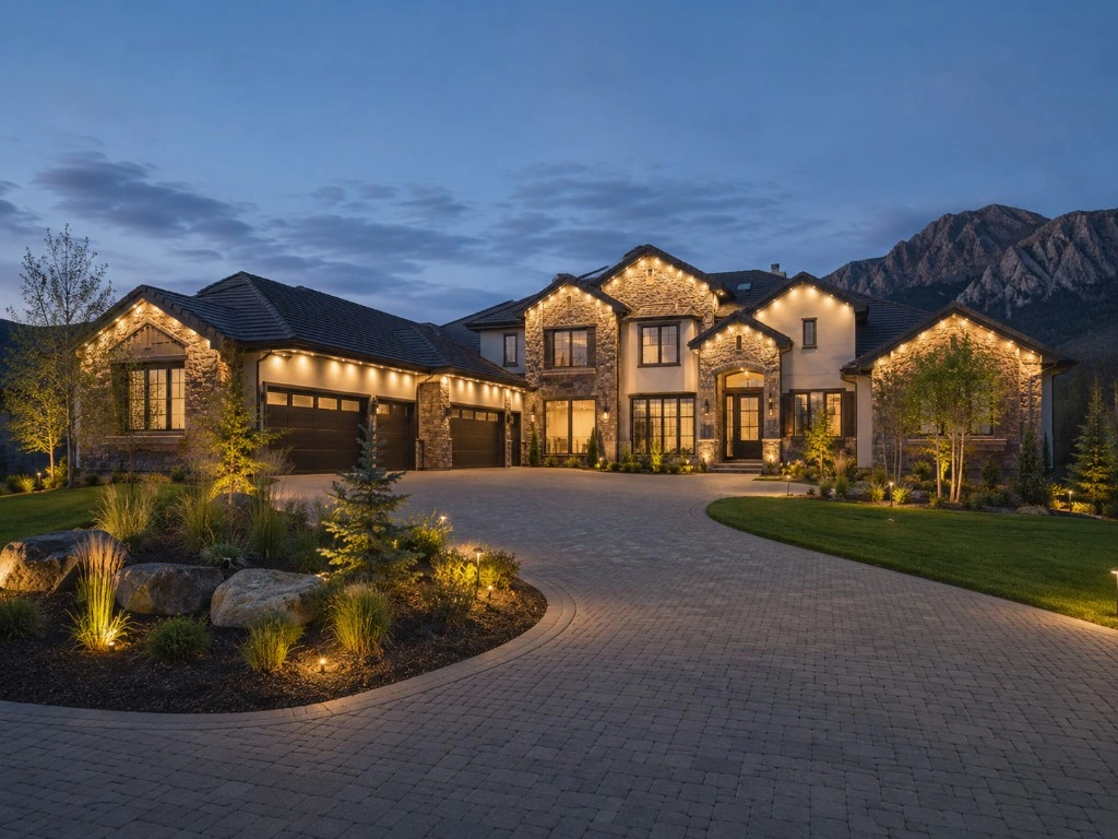 The same Canadian home shown with new year's gold permanent roofline lighting