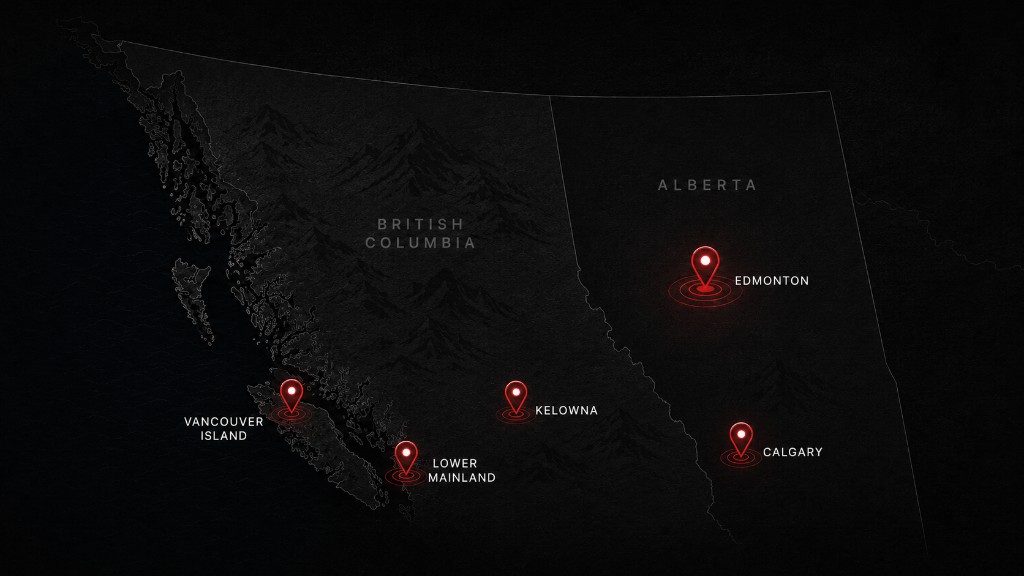 Map showing Edmonton and surrounding communities served by Rocky Mountain Lighting