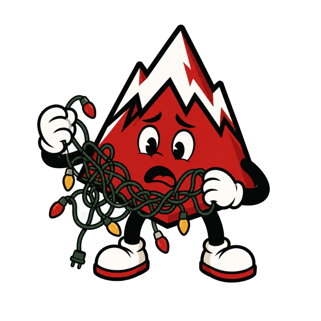 Monty mascot tangled in holiday lights