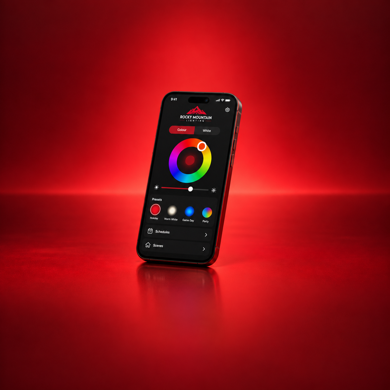 Phone showing Rocky Mountain Lighting colour and scene controls against a red background