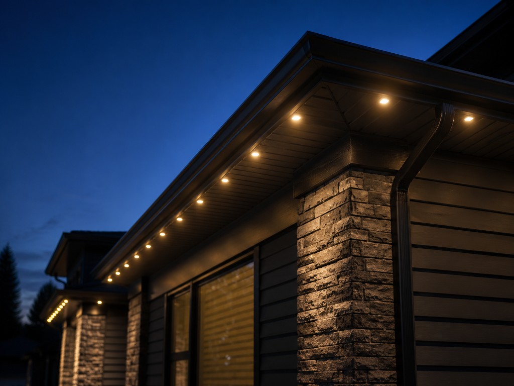 Modern home at dusk with warm permanent LED soffit lighting along the roofline