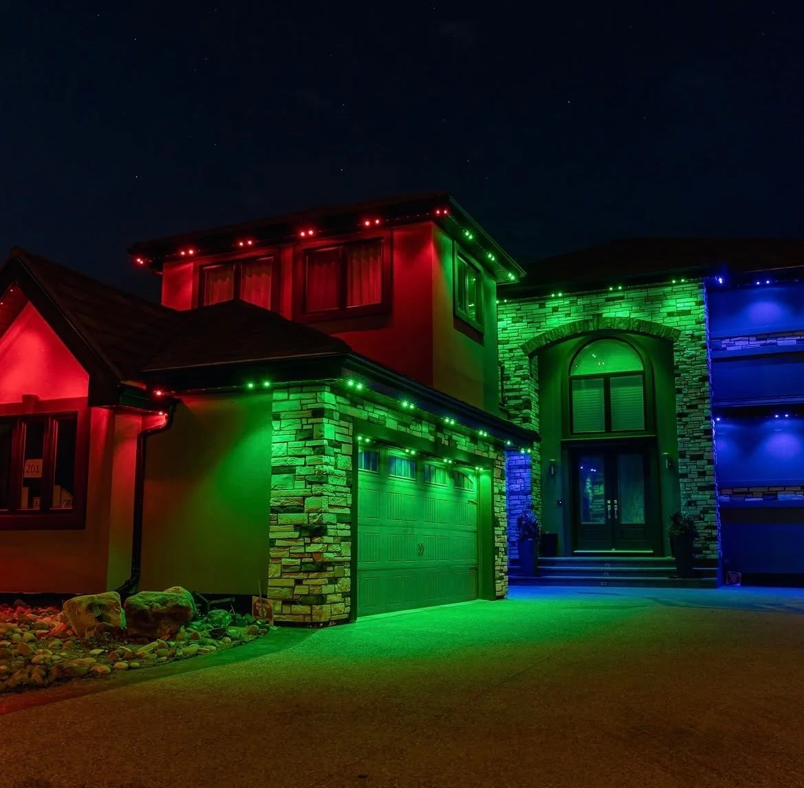 A home displaying custom red, green and blue Canstar lighting zones