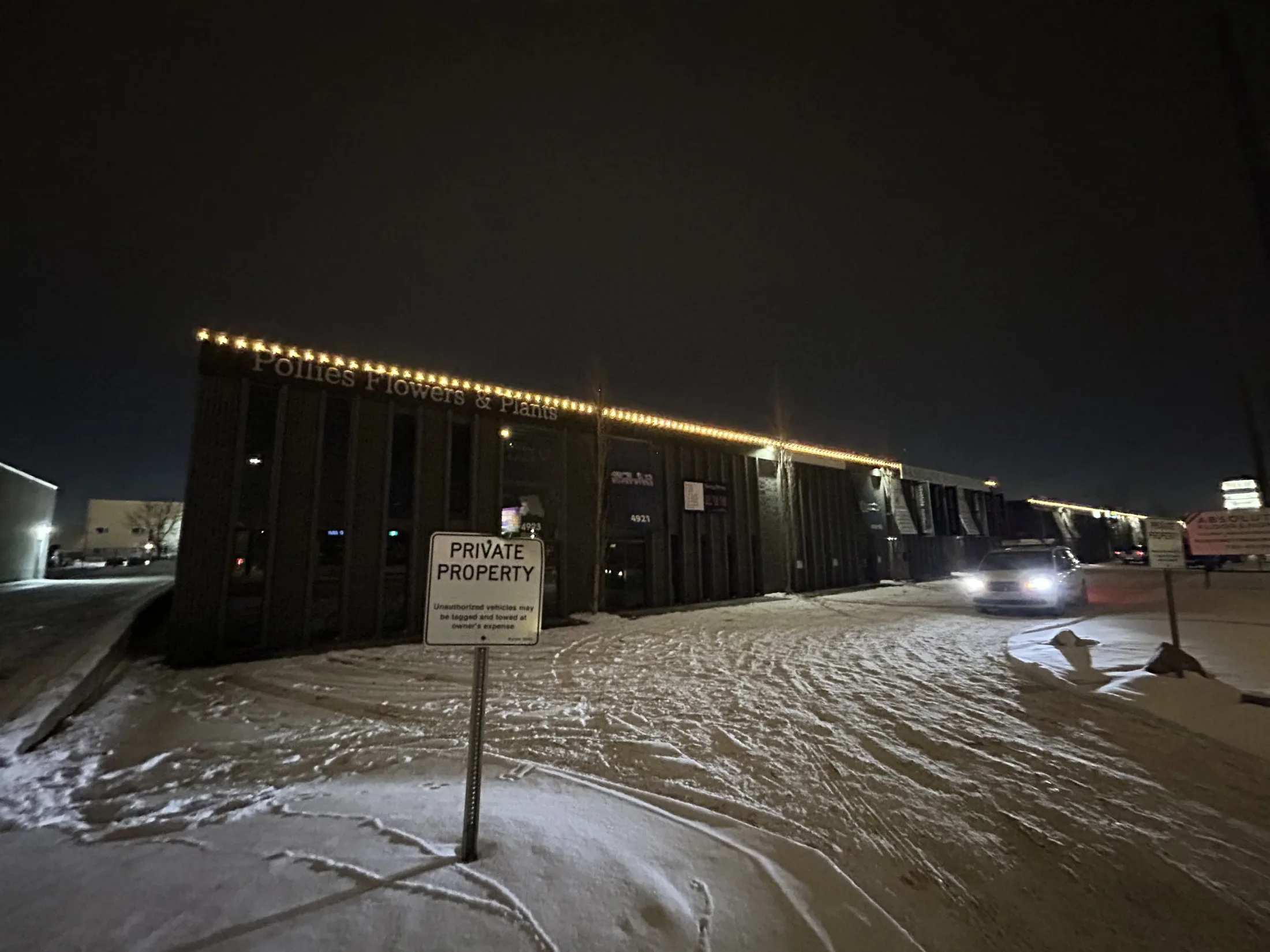 Another angle of the lit commercial roofline at the Coronado property